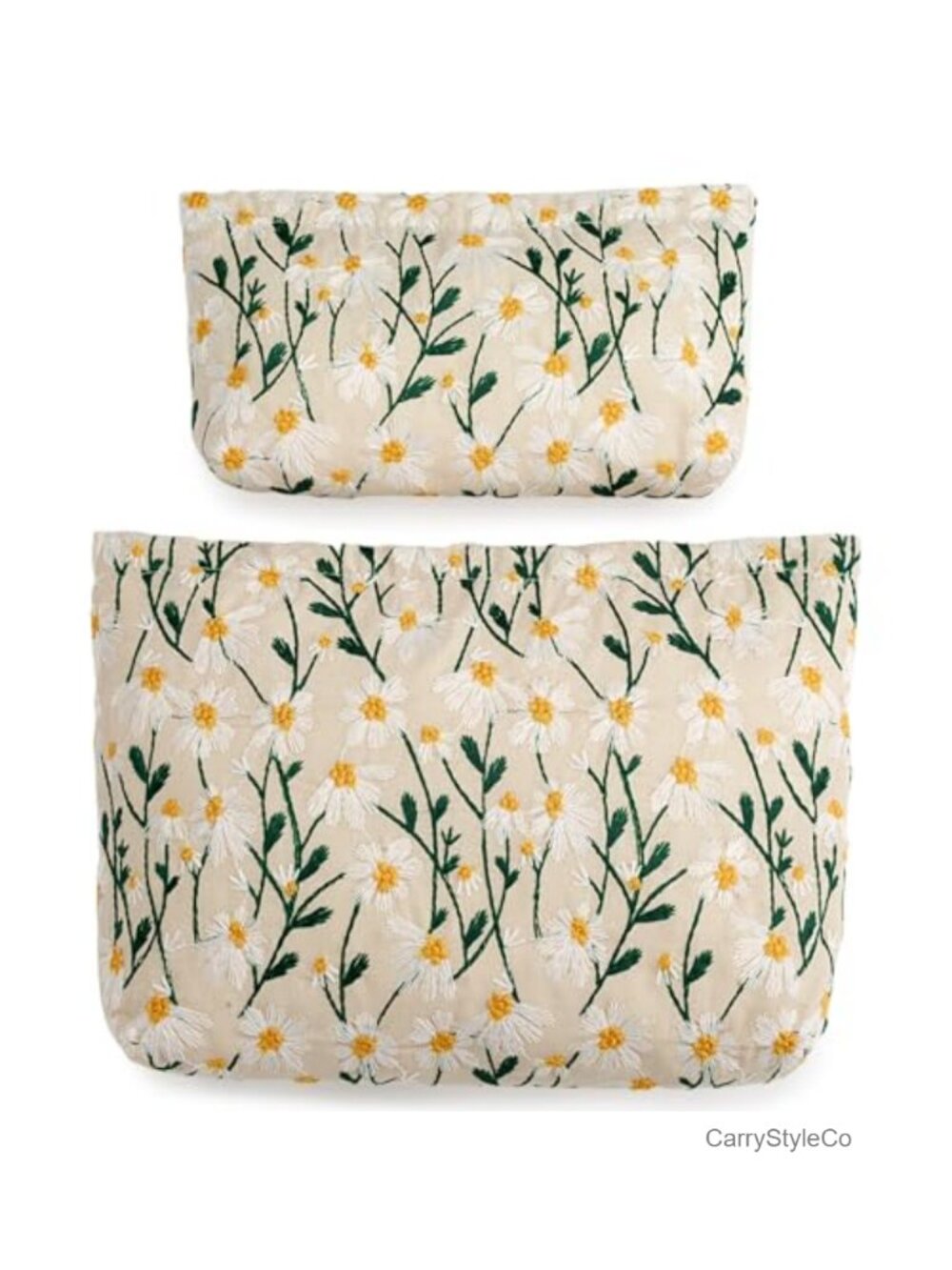 2-Pc Floral Daisy Canvas Makeup Bags Zipper Cosmetic Pouches Travel